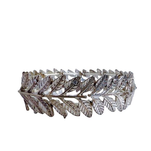 Silver Wreath Bracelet Leaves Willow Branch Elastic Boho Chic Bohemian - Picture 1 of 3